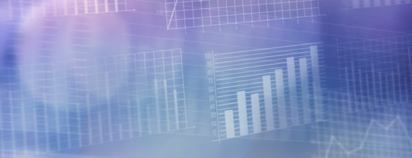 Graphic with transparent stocks and charts on top of a blue and purple gradient.