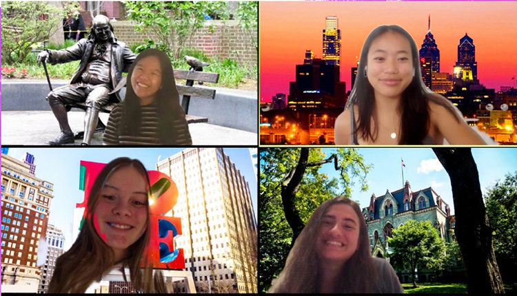 Students in front of different Penn-themed Zoom backgrounds
